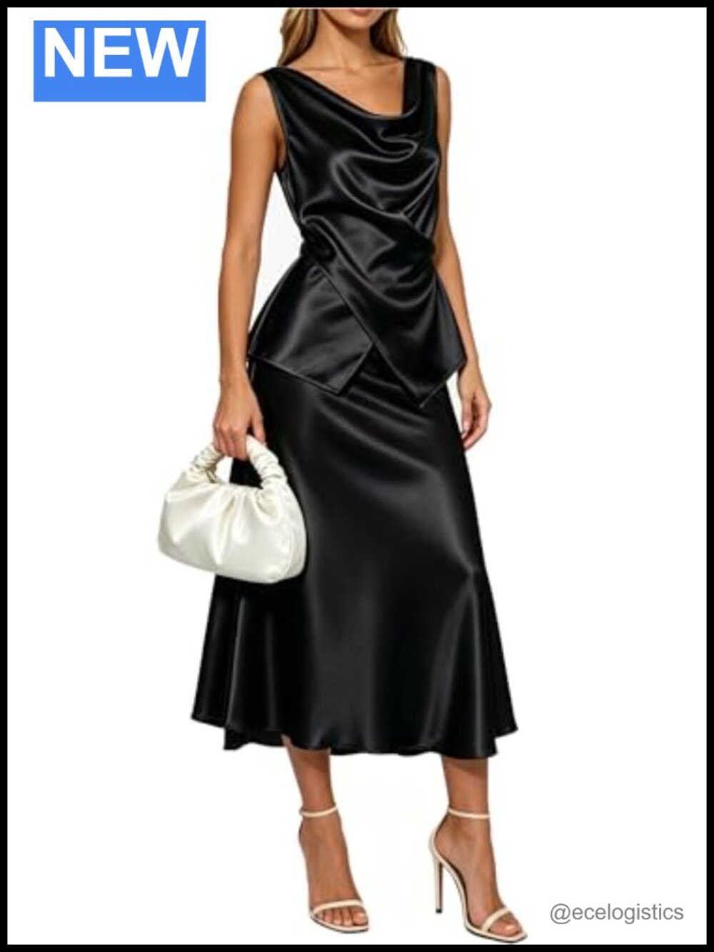 Satin 2 Piece Set Sleeveless Cowl Neck Top Midi Skirt Outfit Cocktail Party